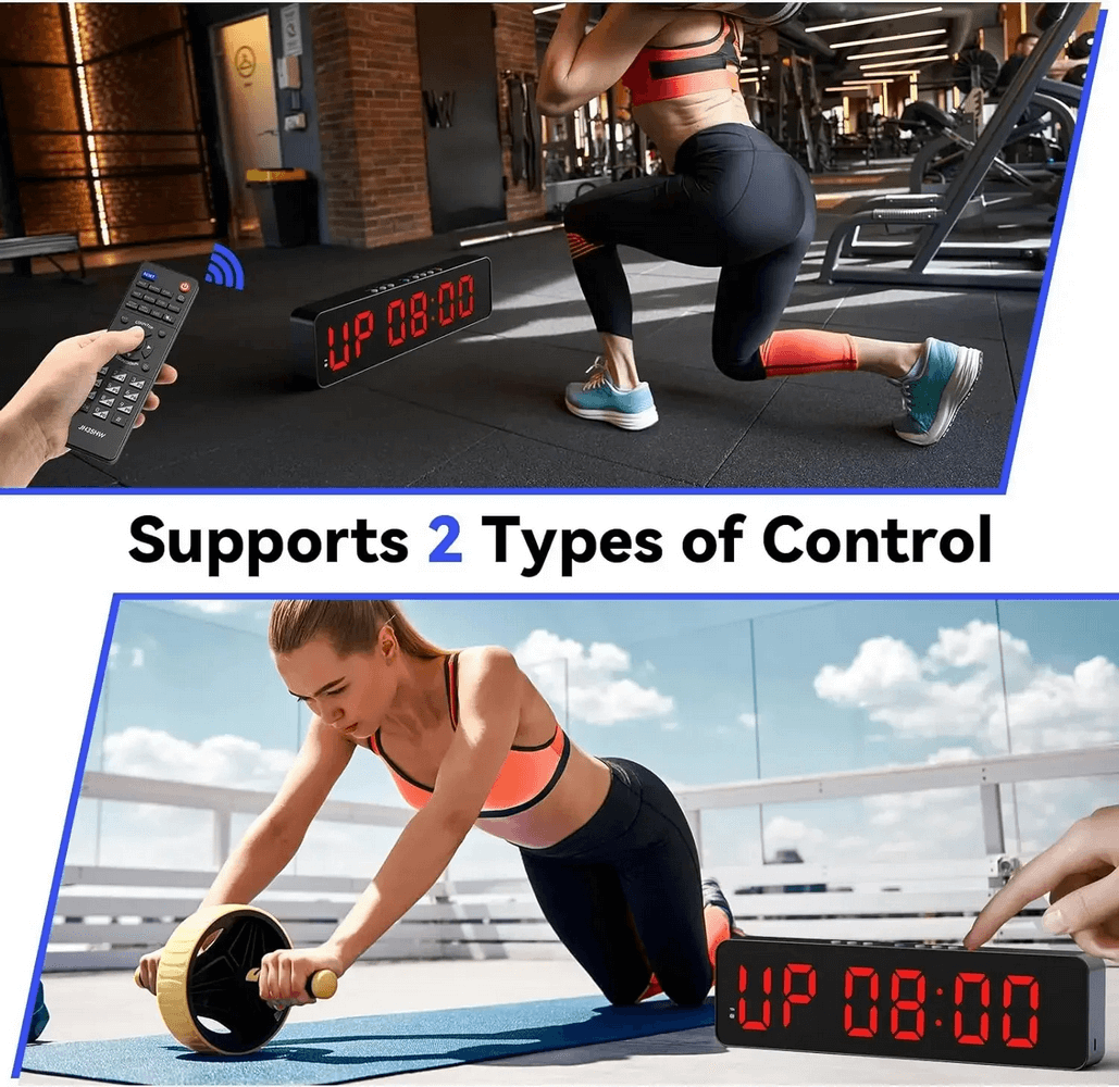 Wireless clock with LED display, remote control in a gym setting, and features portable design for versatile use.